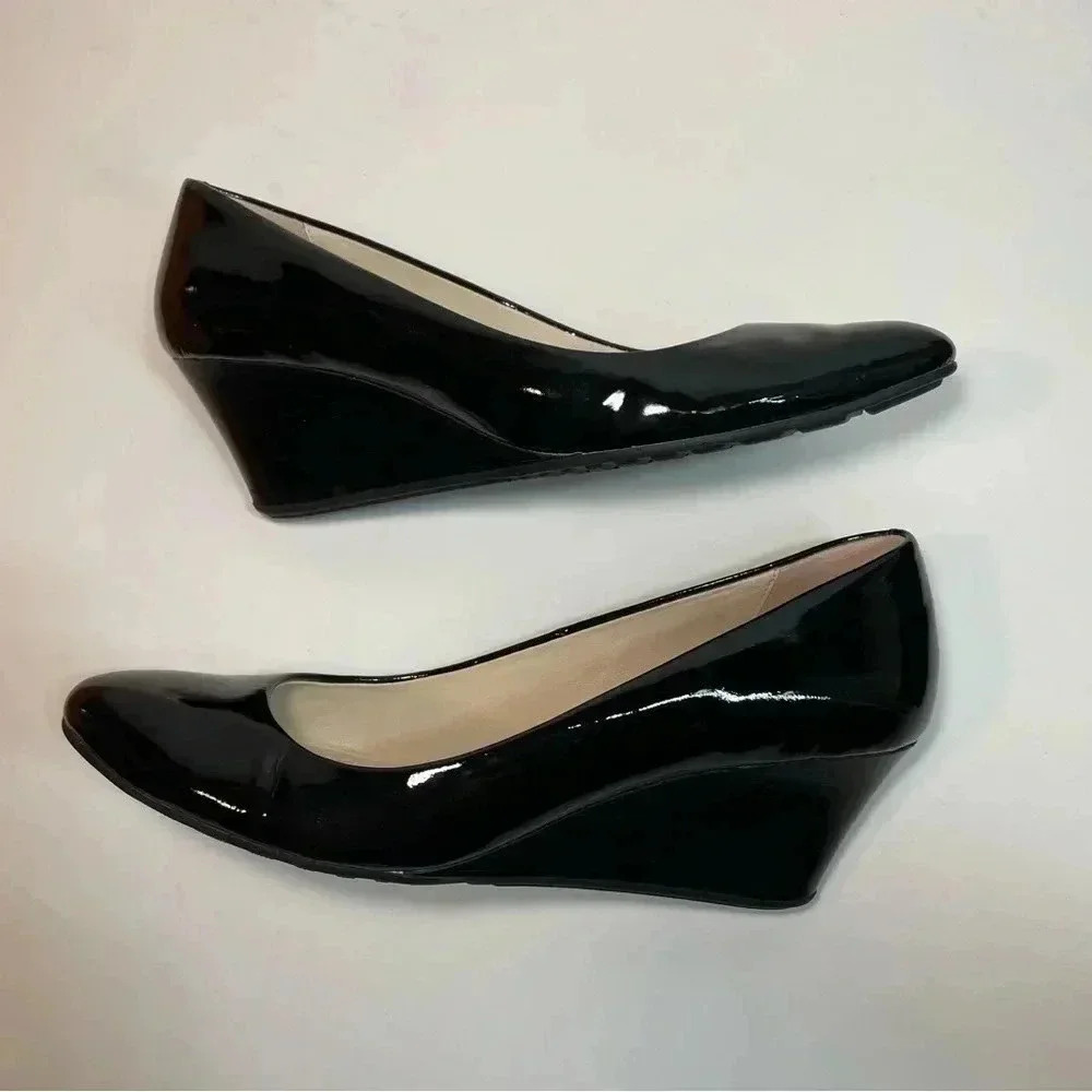 Cole Haan Tali Luxe Stacked Wedge Black Patent Leather Slip On Shoes Womens 7B - Picture 4 of 9
